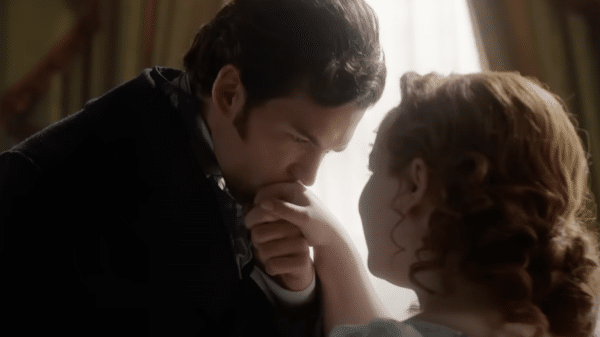 Colin Bridgerton kissing the hand of Penelope featherington