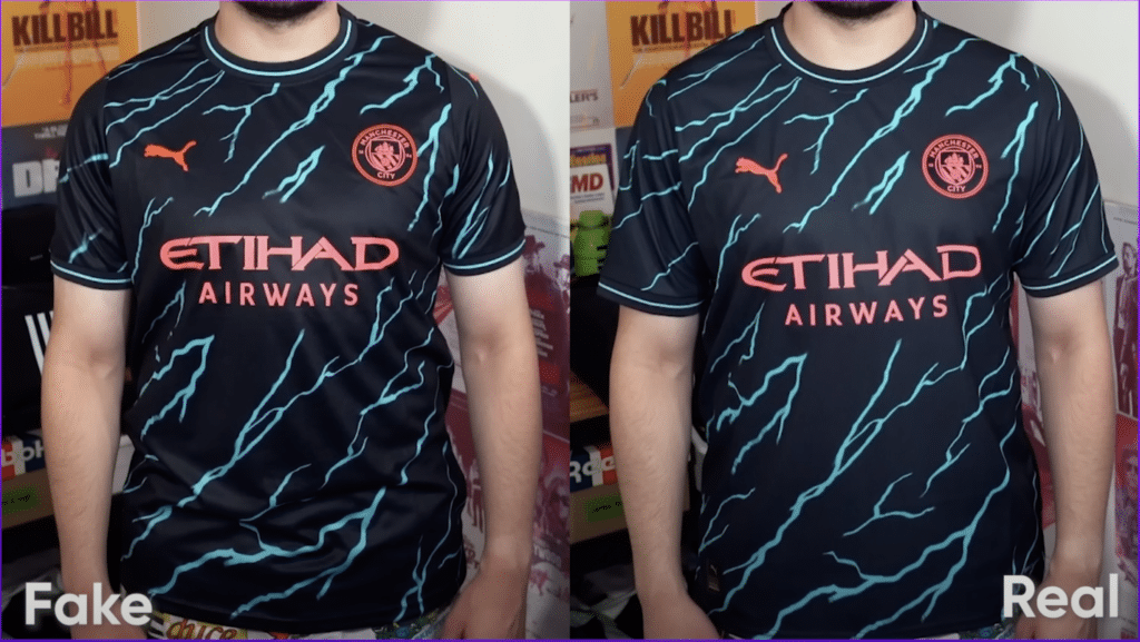 A fake Manchester City shirt side by side with an authentic one shows the similarity