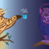 Illustrated image of a morning lark holding a newspaper and handing a cup of coffee to a night owl, who is wrapped in a blanket and wearing headphones.
