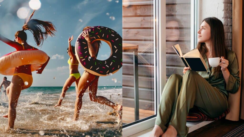 left side: people having fun at the beach. Right side: woman reading book inside