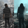 (left) Massive destruction caused by the bombing on a residential apartment in Hamad City, Qatar, in Khan Yunis, south of the Gaza Strip. Credit: Shutterstock/Mohammad Abu Elsebah (right) Jennifer Lawrence as Katniss Everdeen in Mockingjay Part 1. Credit: Lionsgate