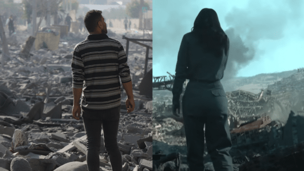 (left) Massive destruction caused by the bombing on a residential apartment in Hamad City, Qatar, in Khan Yunis, south of the Gaza Strip. Credit: Shutterstock/Mohammad Abu Elsebah (right) Jennifer Lawrence as Katniss Everdeen in Mockingjay Part 1. Credit: Lionsgate