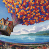 The balloon house from up floating in the sky above a seaside town.
