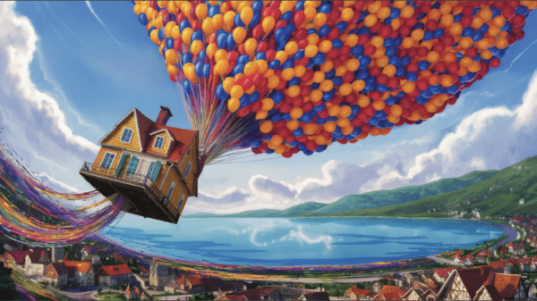The balloon house from up floating in the sky above a seaside town.
