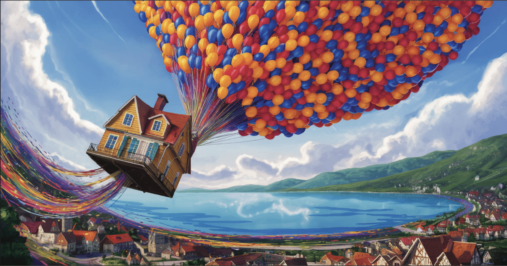 The balloon house from up floating in the sky above a seaside town.