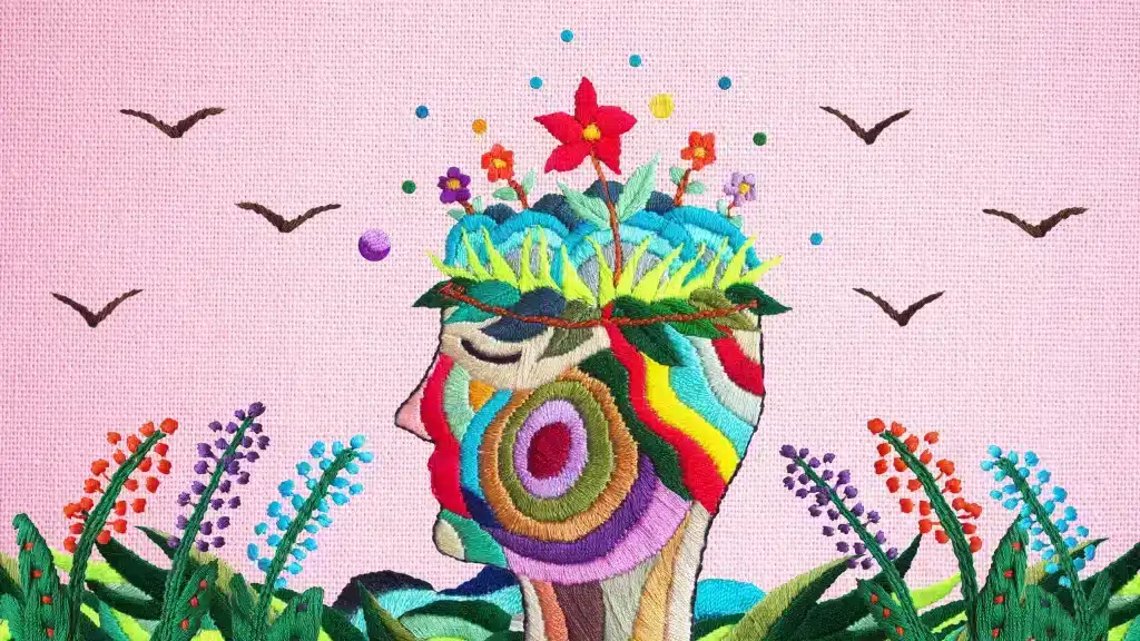 Art therapy artwork of a meditating person, improving mental health with different kinds of creative therapies.