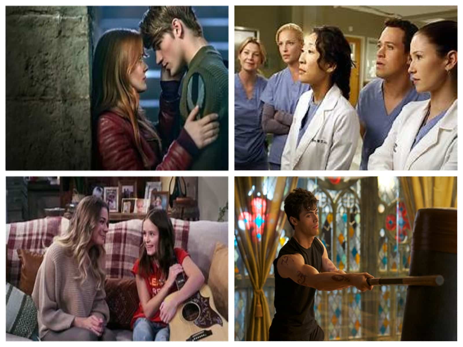 Four images of assembled figures from different shows