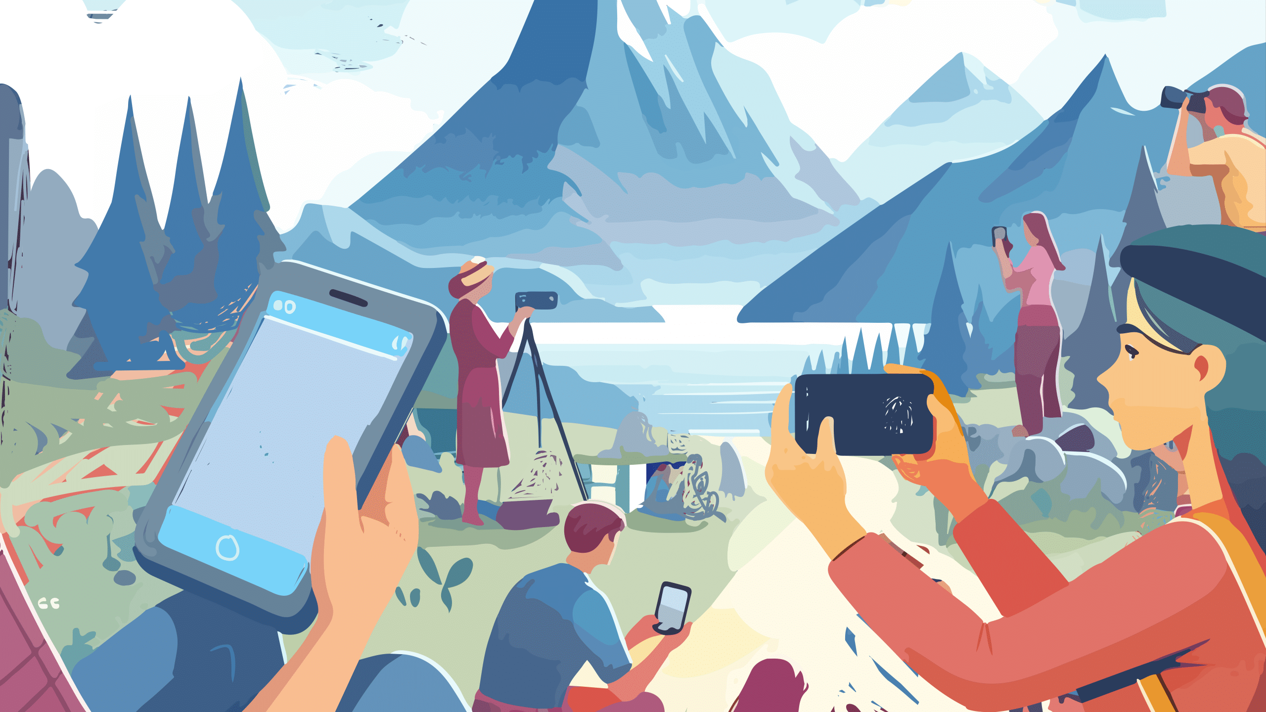 People staring at their phones in beautiful mountain scene.
