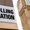 Closeup of polling station sign in front of Westminster.
