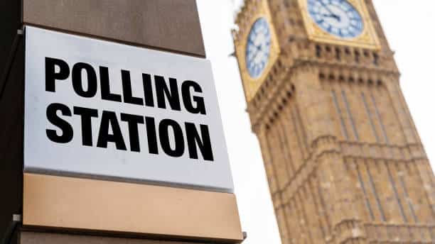Closeup of polling station sign in front of Westminster.