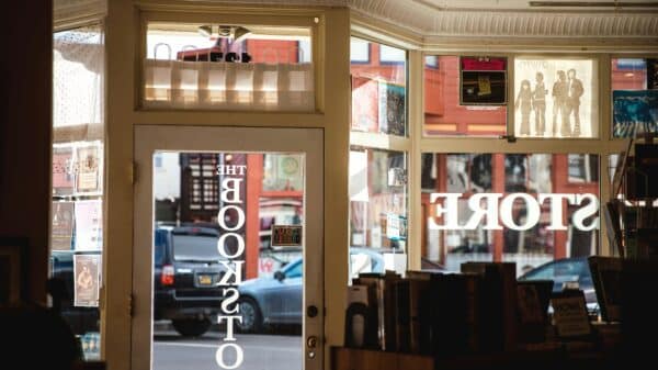 The front of a bookstore from inside.