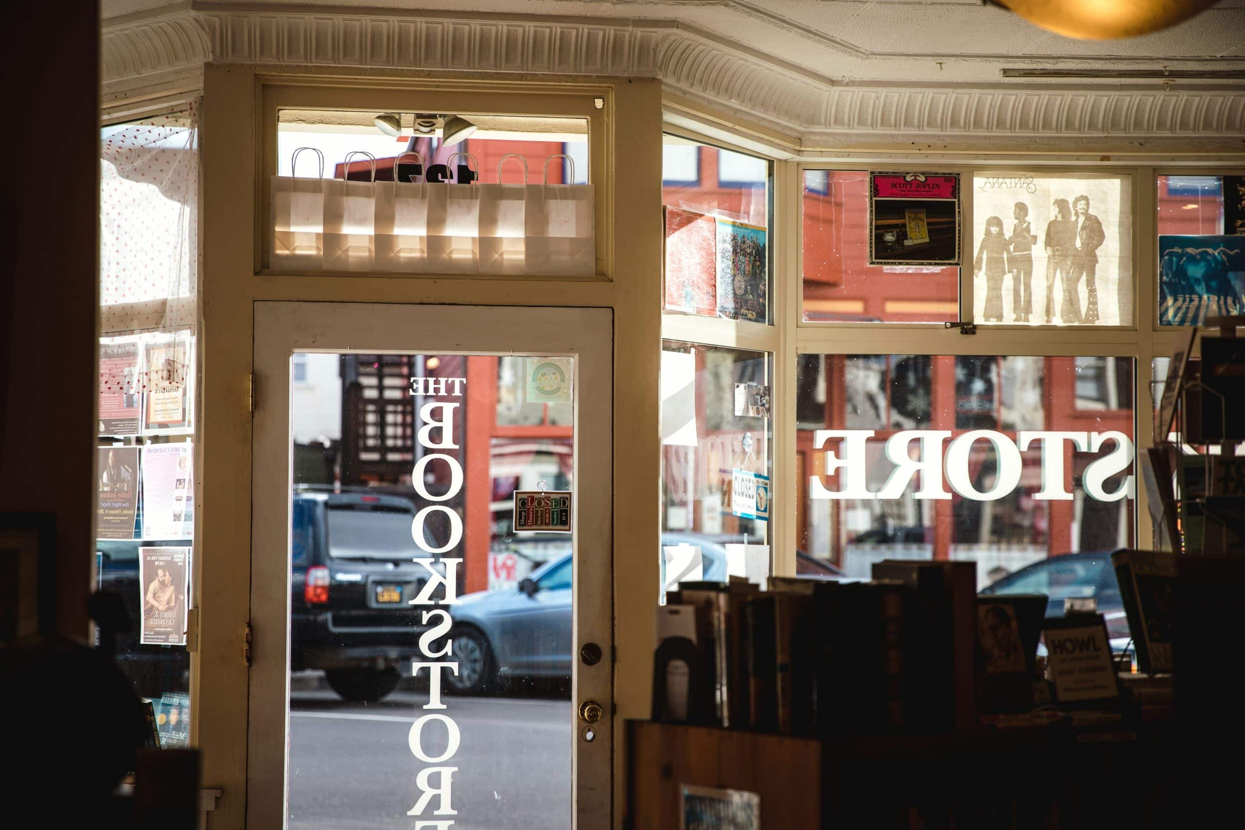 The front of a bookstore from inside.