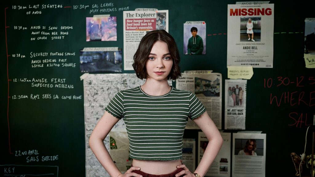 Emma myers standing in front of a crime board