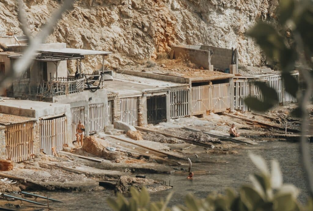 Shacks used by fishermen to store their boats in Ibiza.