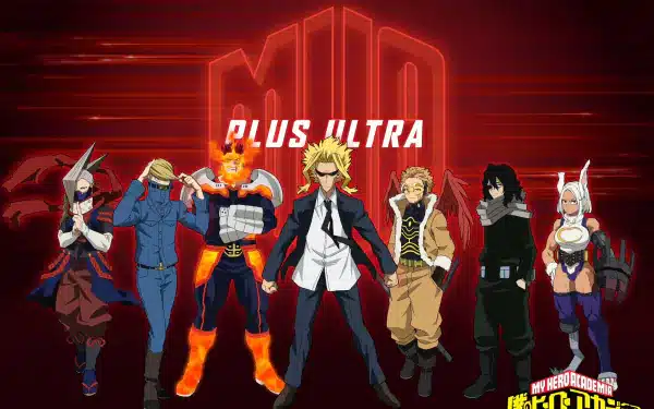 Adult heroes pose in front of MHA plus Ultra logo: Hawks, Jeanist, Endeavor, Mirko, Skinny Almight, and Dragon hero