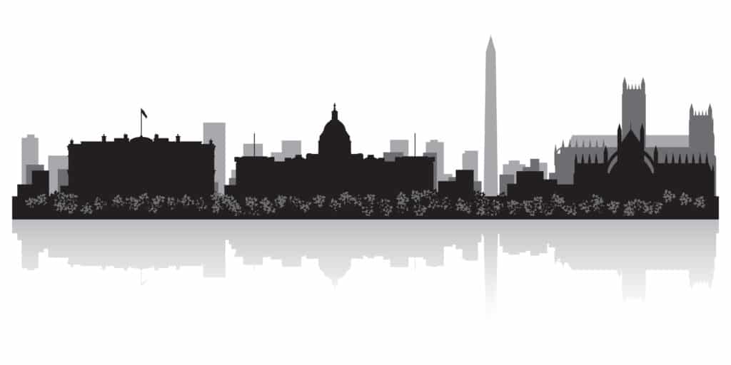 A black and white skyline of Washington D.C. buildings and memorials.