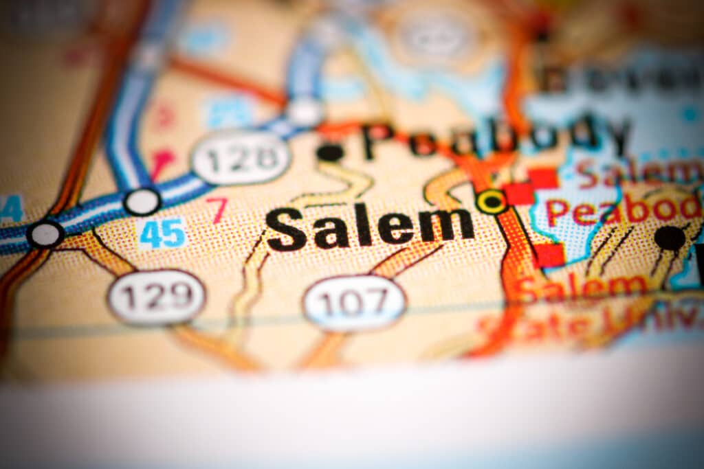 A map that is zoomed into the roads and streets of Salem, Massachusetts.