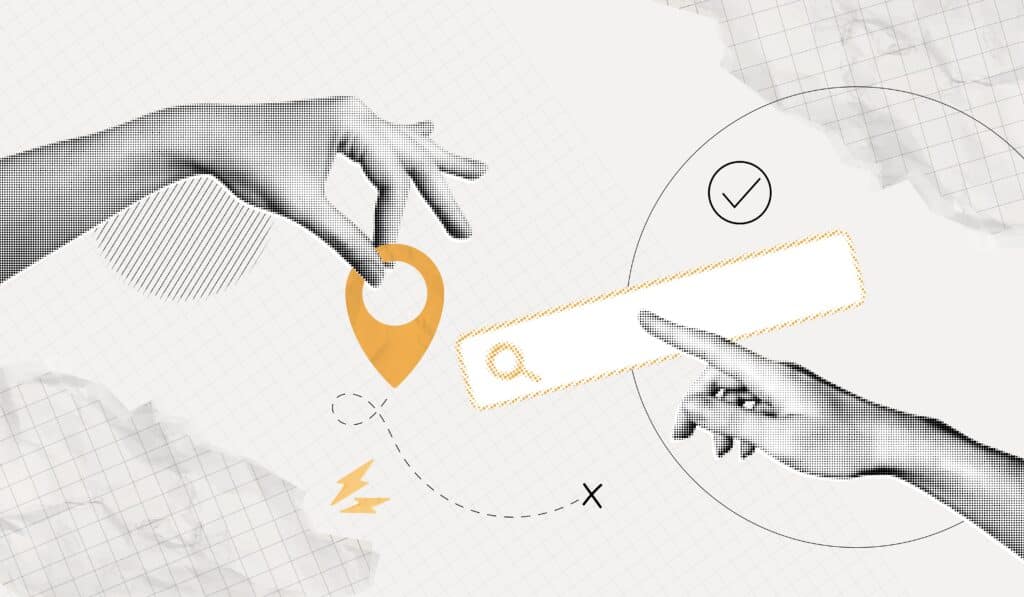 Collage of hands holding a location pin and a technology search bar. White, gray and yellow themes.