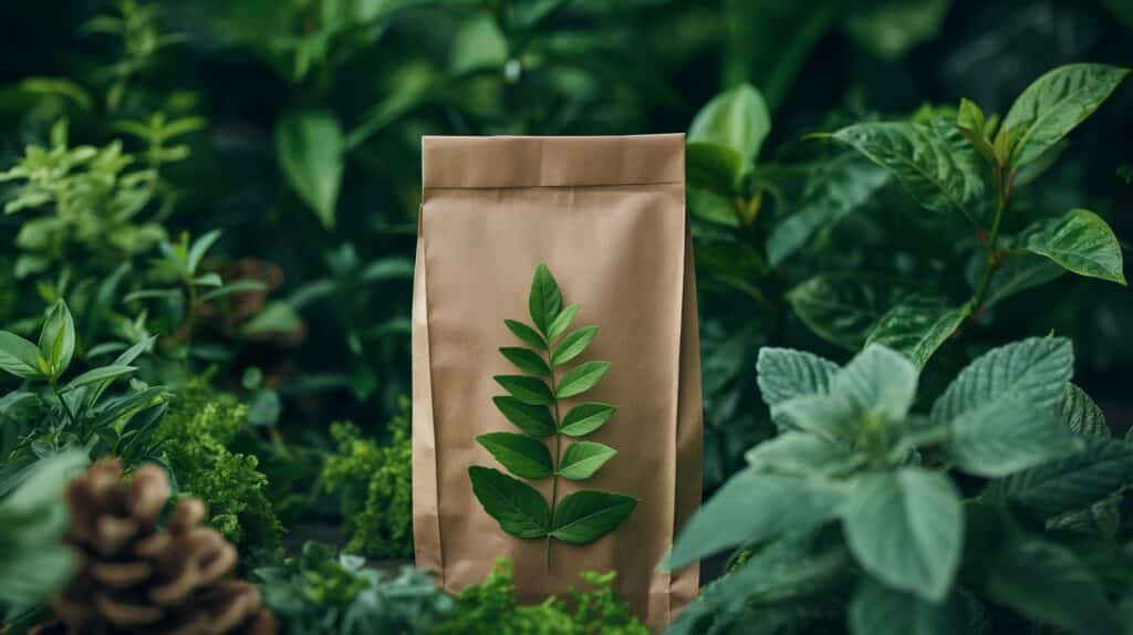 Photo of sustainable packaging behind a forest