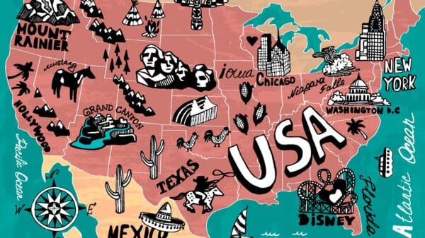 A cartoon map of the United States of America with popular destinations highlighted