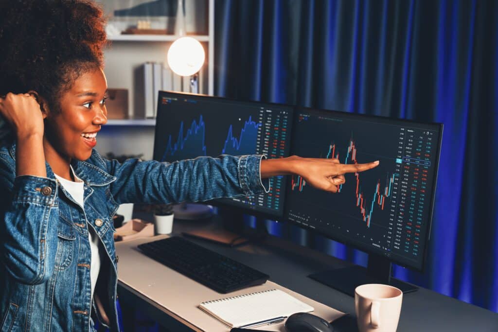 young woman investing and budgeting finances in stock market