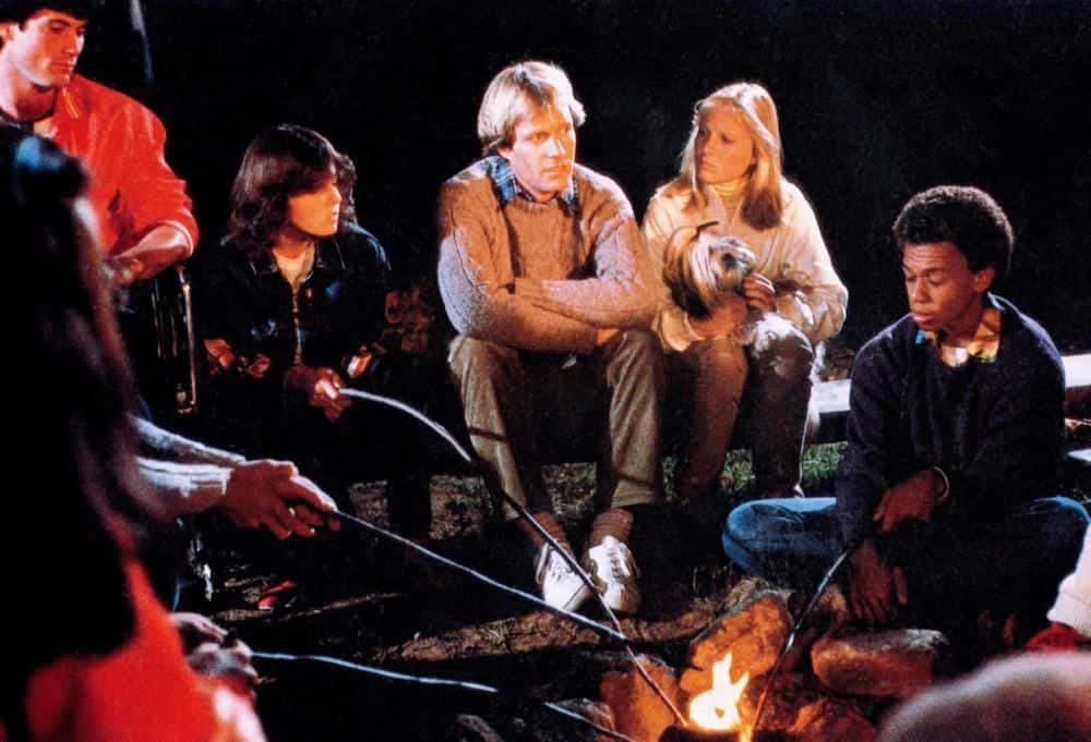 Scene from Friday the 13th Part 2 (1981) where campers are sat around a campfire