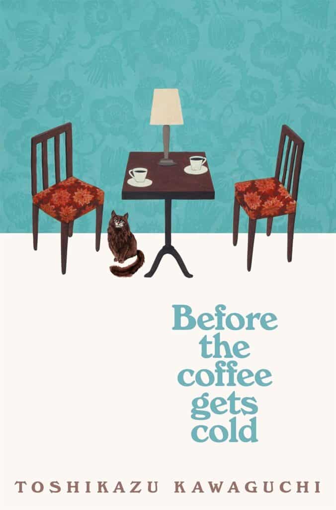 book cover: background of cover is split in half horizontally, the top half is a light blue faded flower print wall and the bottom half is plain white. against the wall is a dark brown wooden table with a yellow lamp and two coffee cups. On either side of the table are two wooden chair with red flowery cushions and in front of the left chair is a brown fluffy cat