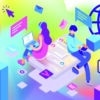 Two people interfacing around a colorful background filled with internet symbols, CV, resumes, and decorative blocks