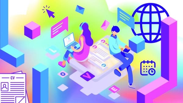 Two people interfacing around a colorful background filled with internet symbols, CV, resumes, and decorative blocks