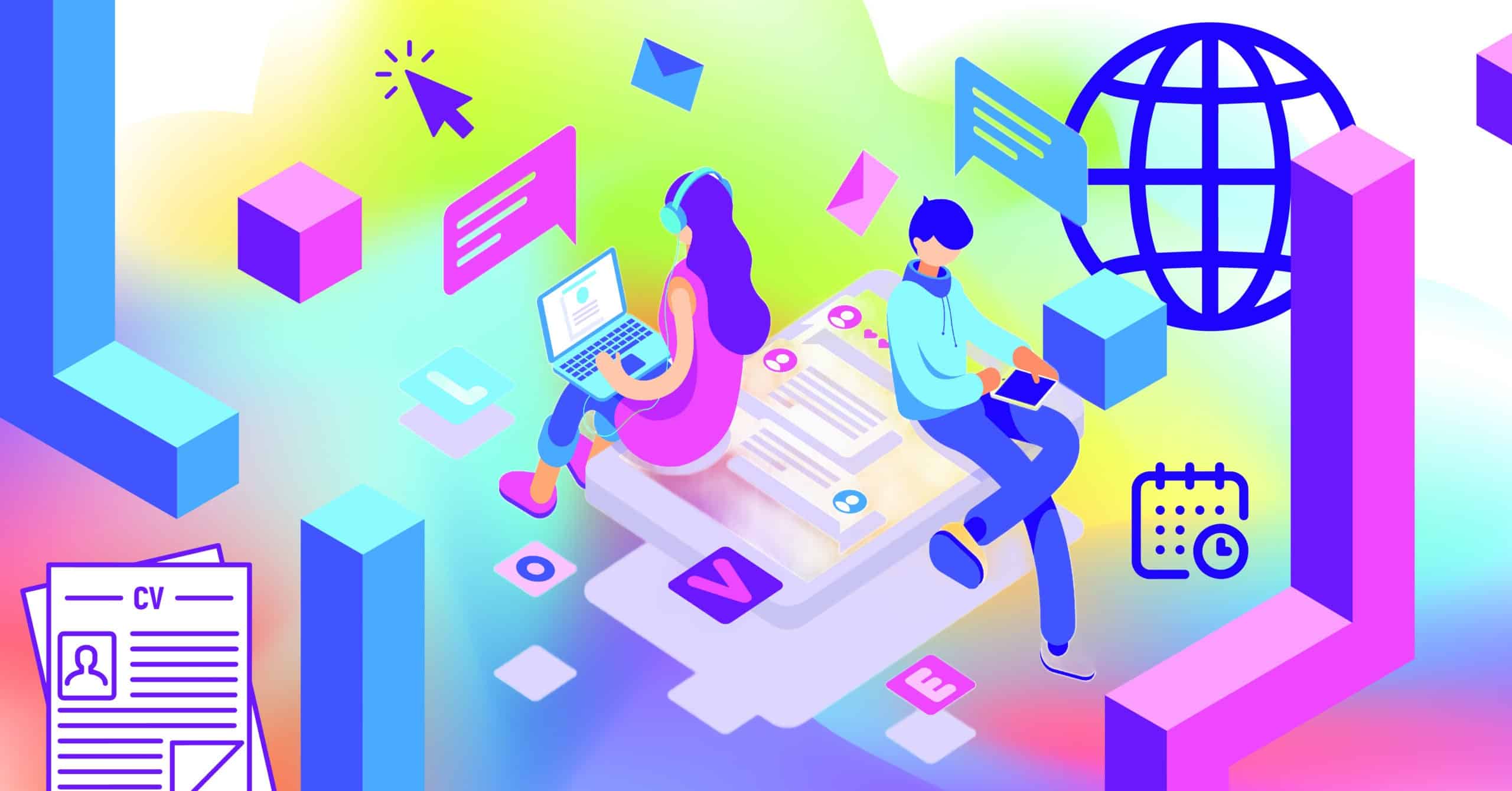 Two people interfacing around a colorful background filled with internet symbols, CV, resumes, and decorative blocks
