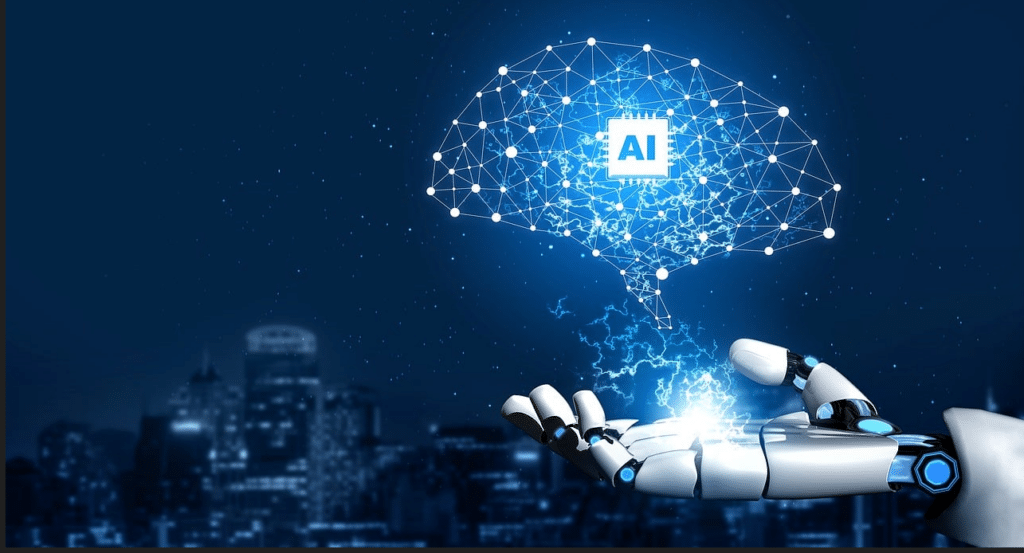 Robot hand holding a projection of a brain with AI in the center