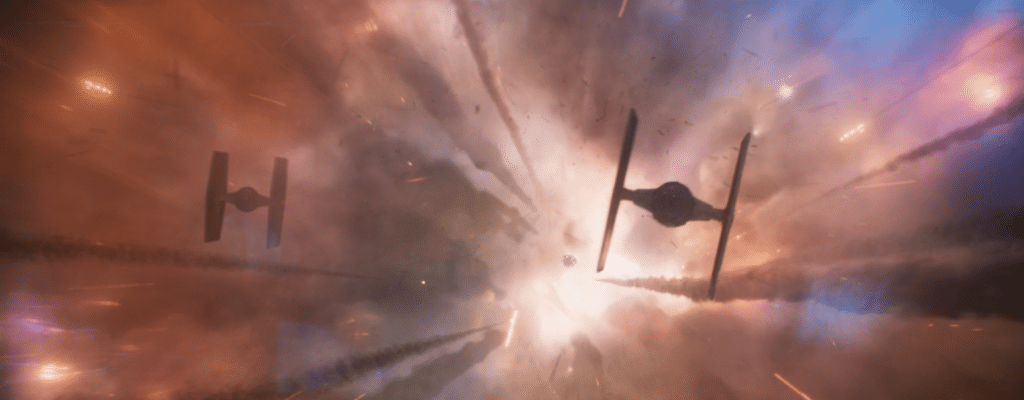 Tie Fighters flying in a big battle in Andor.