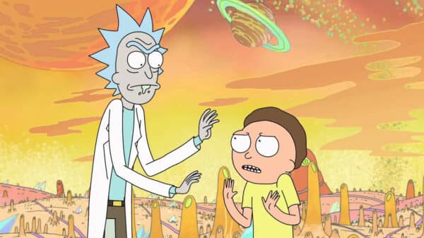 Rick and Morty (left to right) are talking before a mission begins.