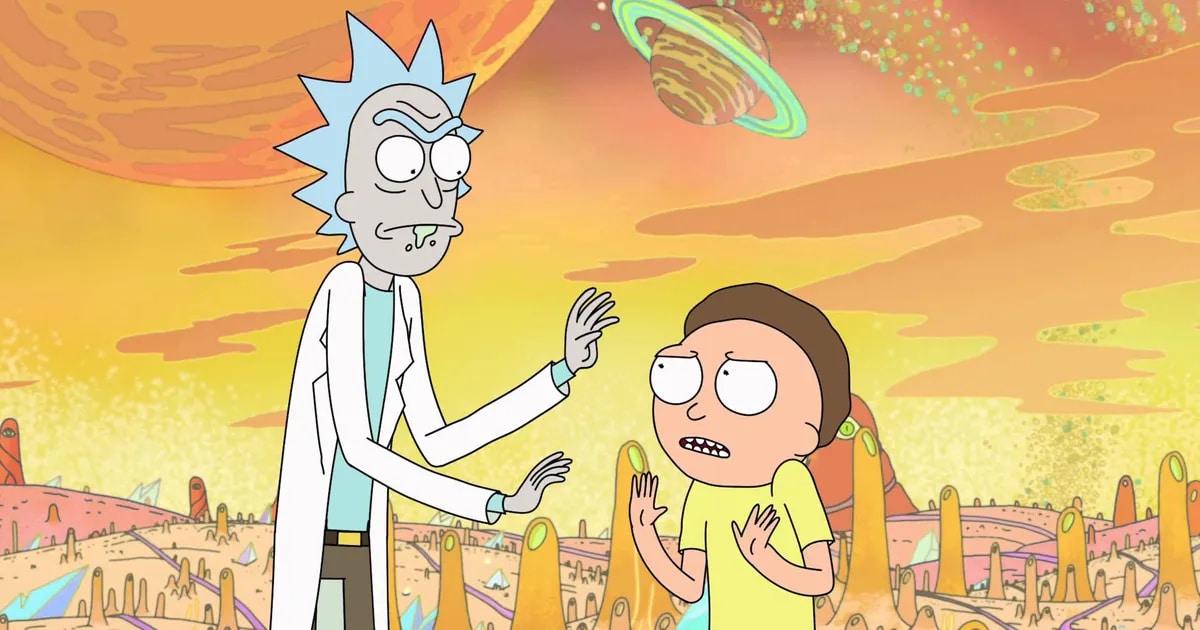Rick and Morty (left to right) are talking before a mission begins.