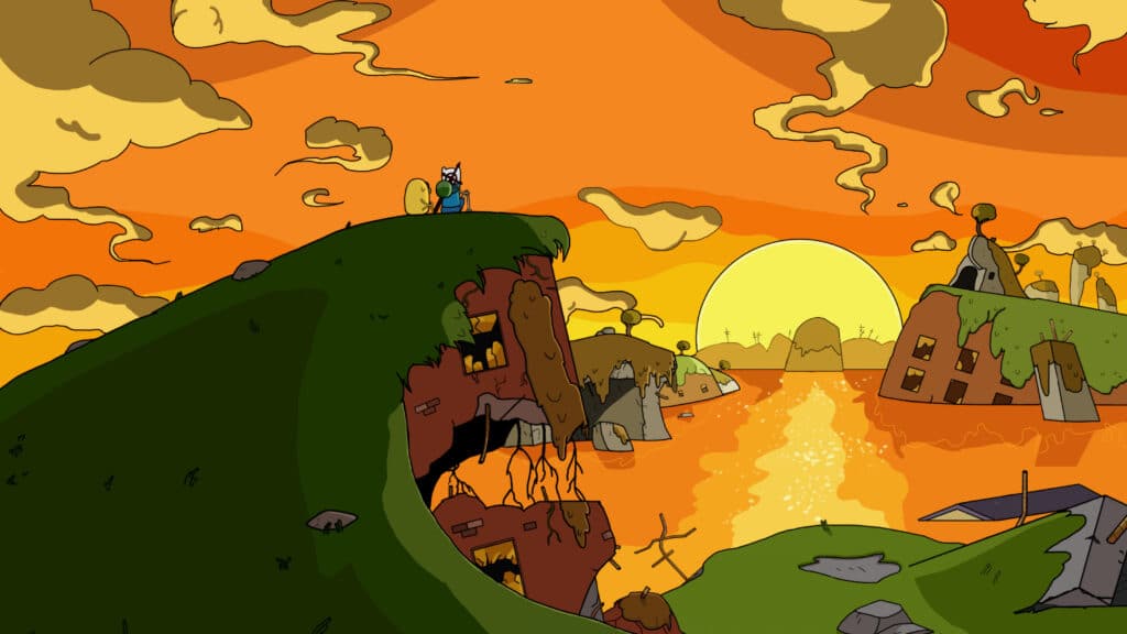 Finn and Jake (left to right) sit on the edge of a cliff watching the sunset.