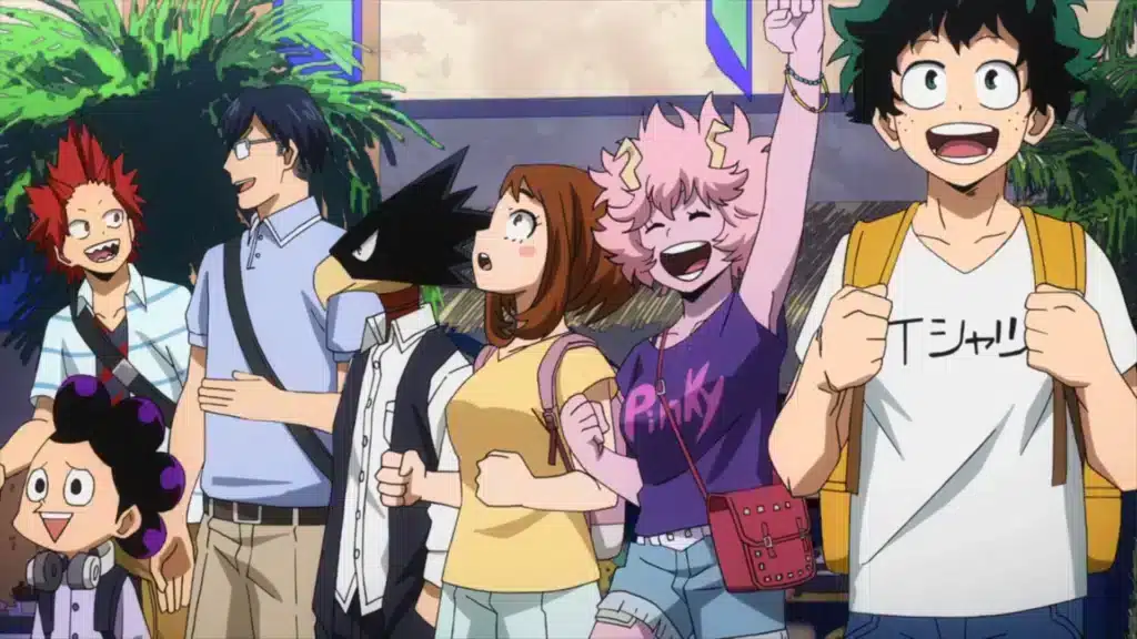 A few students from class 1A stand together, in casual clothing and looking in awe around them.