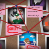 pictures on a cork board with red string connecting them