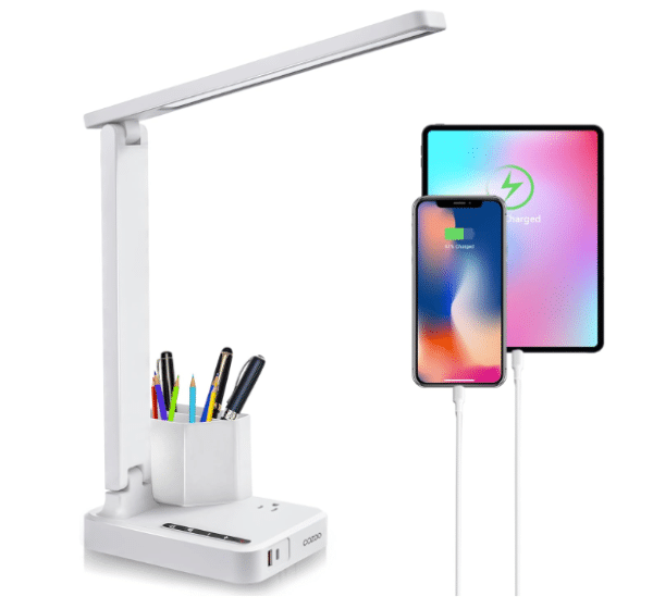 An image from amazon.com showing the back to school college dorm product: A desk lamp with desktop storage and USB charging.