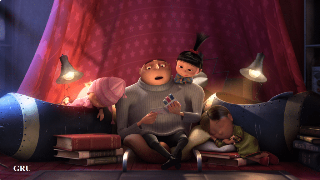 Gru with Margo, Edith and Agnes reading them a bed time story.