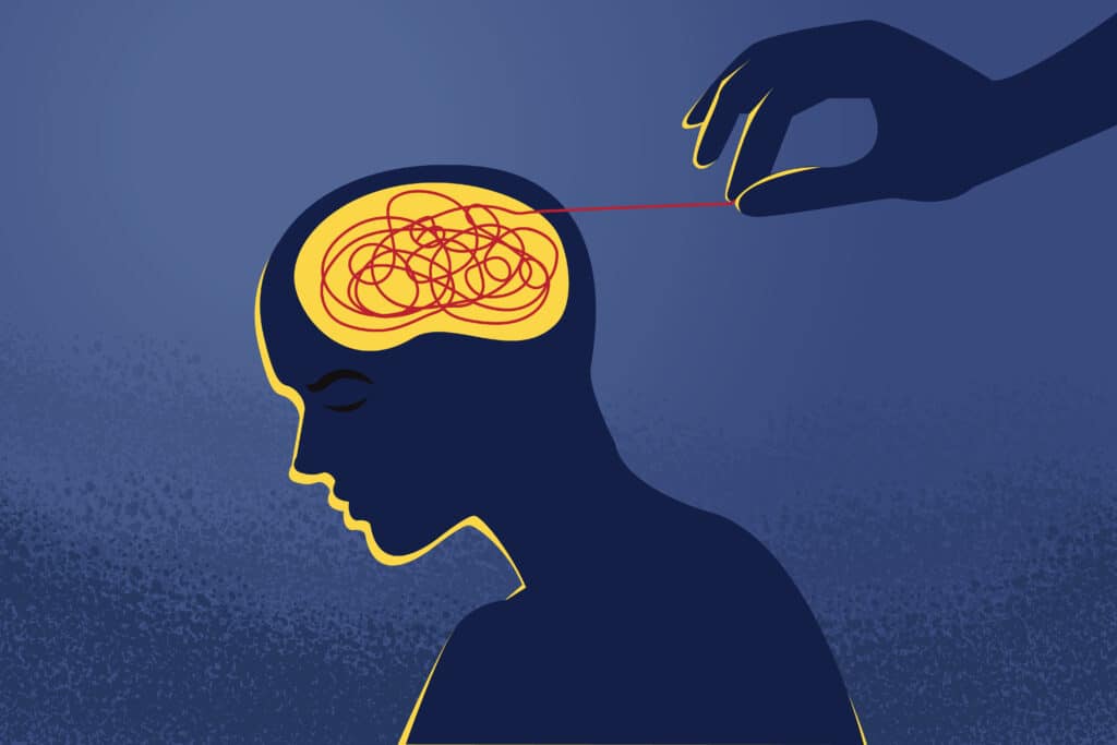 An artwork of a string unraveling out of a mans head to encourage taking a digital vacation.