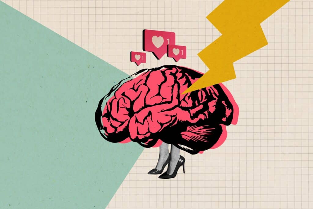 Lighting and instagram likes coming out of a brain to show why people need a digital vacation.