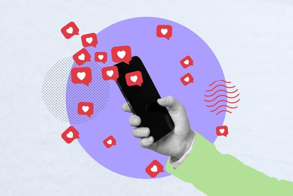 A smartphone with likes coming out of it, showing plenty social media interactions and why people need a digital vacation.
