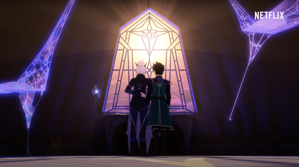 Rayla and Callum look out a stained glass window in The Dragon Prince Season 6