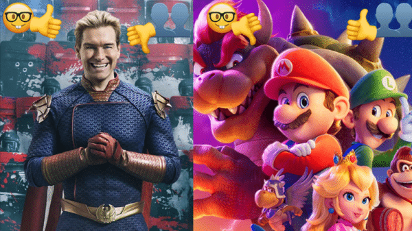 Official images for two polarizing productions alongsid emojis representing critic and audience opinions