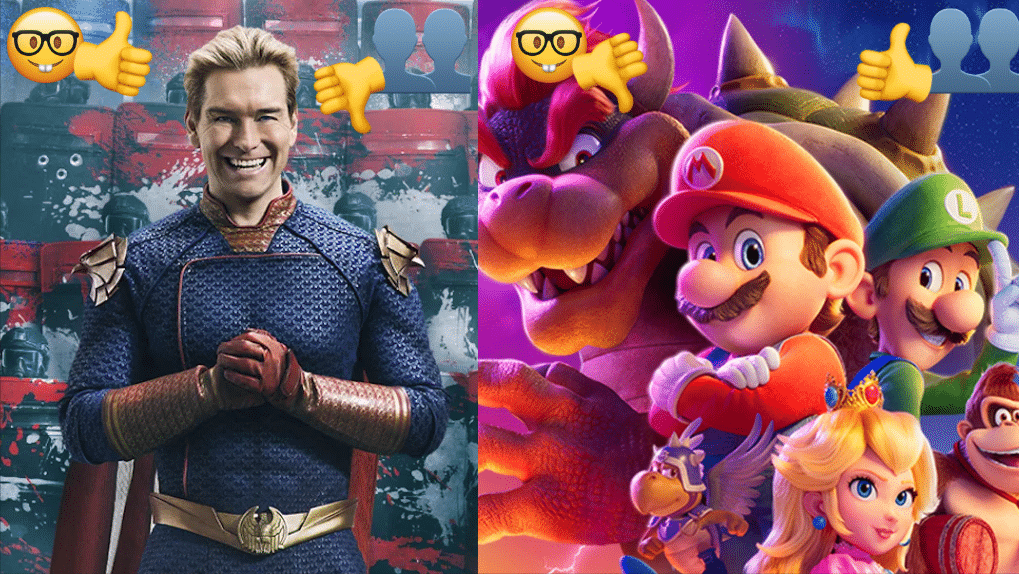 Official images for two polarizing productions alongsid emojis representing critic and audience opinions