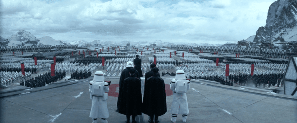A shot from behind overlooking General Hux giving his passionate speech before the attempted obliteration of the resistance in Star Wars The Force Awakens.