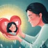 A soothing and serene illustration of a woman gently holding her heart. with her younger self seated within. The heart emits a warm, golden halo, symbolizing her journey towards healing and self-love from situationships and heartbreak. The soft color palette and tranquil atmosphere capture the essence of emotional healing and reconnection with one’s inner child.