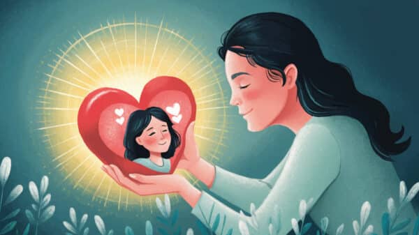 A soothing and serene illustration of a woman gently holding her heart. with her younger self seated within. The heart emits a warm, golden halo, symbolizing her journey towards healing and self-love from situationships and heartbreak. The soft color palette and tranquil atmosphere capture the essence of emotional healing and reconnection with one’s inner child.