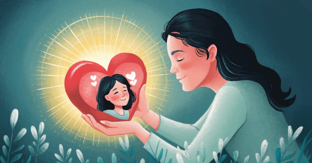 A soothing and serene illustration of a woman gently holding her heart. with her younger self seated within. The heart emits a warm, golden halo, symbolizing her journey towards healing and self-love from situationships and heartbreak. The soft color palette and tranquil atmosphere capture the essence of emotional healing and reconnection with one’s inner child.