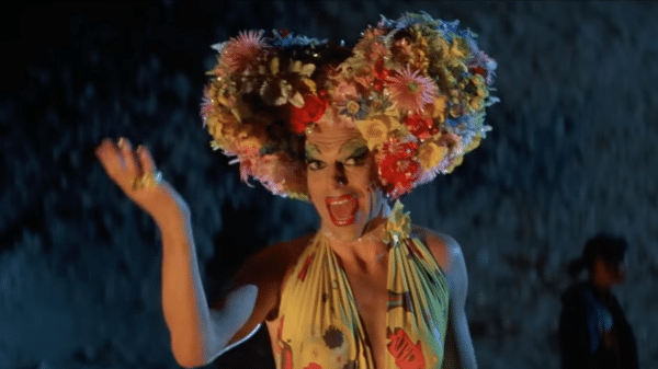 A man in drag, with thin, drawn-on eyebrows, blue eyeshadow, and red lipstick. They have a floral crown on their head. Hugo Weaving as Mitzi Del Bra in 'Priscilla, Quen of the Desert' performing a drag routine